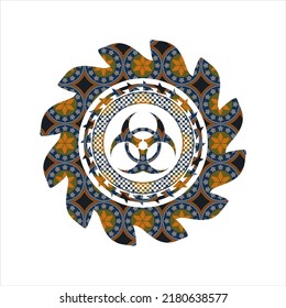 biohazard icon inside arabesque badge background. arabic decoration. 