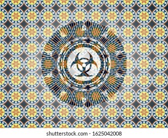 biohazard icon inside arabesque emblem. arabic decoration.
