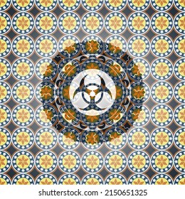 biohazard icon inside arabesque emblem background. arabic decoration. 