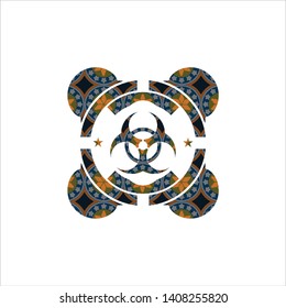 biohazard icon inside arabesque style badge. arabic decoration.