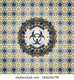 biohazard icon inside arabic badge background. Arabesque decoration.