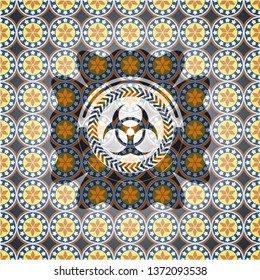 biohazard icon inside arabic emblem background. Arabesque decoration.