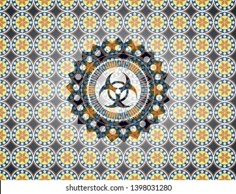 biohazard icon inside arabic emblem. Arabesque decoration.
