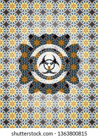 biohazard icon inside arabic style badge. Arabesque decoration.