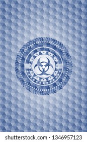 biohazard icon inside blue badge with geometric pattern background.