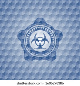 biohazard icon inside blue badge with geometric background.