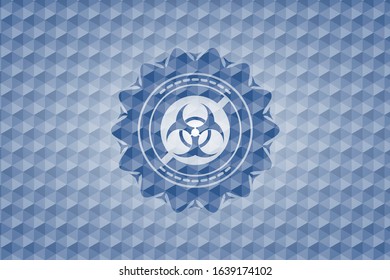 biohazard icon inside blue badge with geometric background.