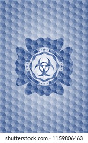 biohazard icon inside blue emblem with geometric pattern background.