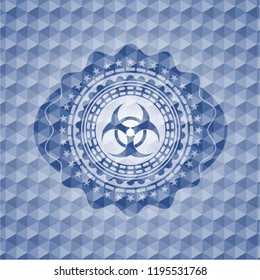biohazard icon inside blue emblem with geometric pattern.