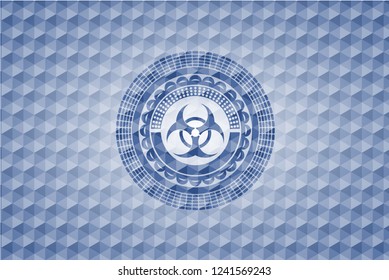 biohazard icon inside blue emblem with geometric background.