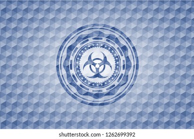 biohazard icon inside blue emblem with geometric pattern background.