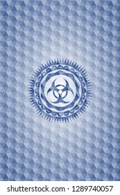 biohazard icon inside blue emblem with geometric pattern.
