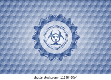 biohazard icon inside blue hexagon badge.
