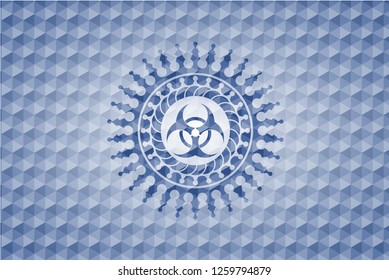 biohazard icon inside blue hexagon badge.