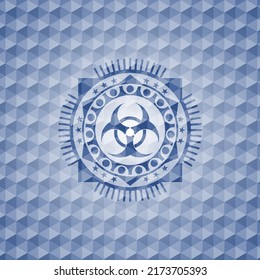 biohazard icon inside blue polygonal emblem. 