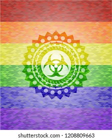 biohazard icon inside emblem on mosaic background with the colors of the LGBT flag