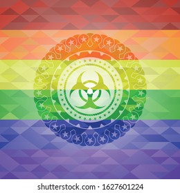 biohazard icon inside emblem on mosaic background with the colors of the LGBT flag