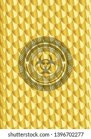 biohazard icon inside gold badge or emblem. Scales pattern. Vector Illustration. Detailed.