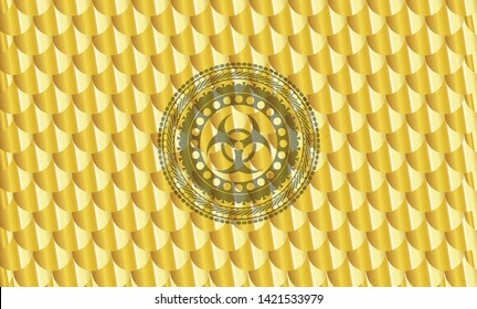 biohazard icon inside gold emblem or badge. Scales pattern. Vector Illustration. Detailed.