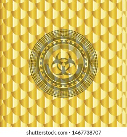 biohazard icon inside golden badge or emblem. Scales pattern. Vector Illustration. Detailed.