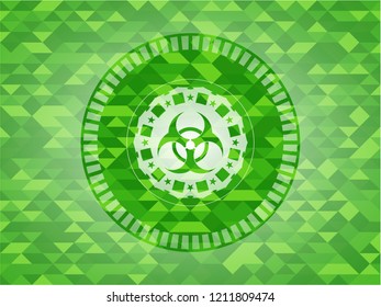 biohazard icon inside green emblem with mosaic background