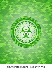 biohazard icon inside green emblem with mosaic ecological style background