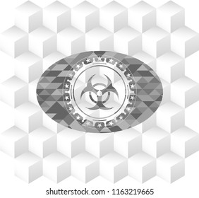 biohazard icon inside grey badge with geometric cube white background