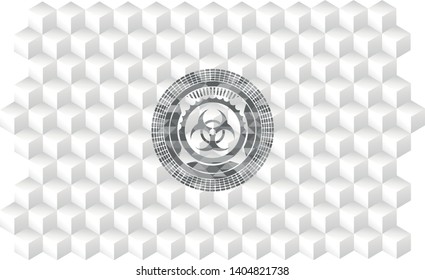 biohazard icon inside grey badge with geometric cube white background