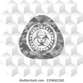 biohazard icon inside grey emblem. Vintage with geometric cube white background