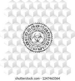 biohazard icon inside grey emblem with geometric cube white background