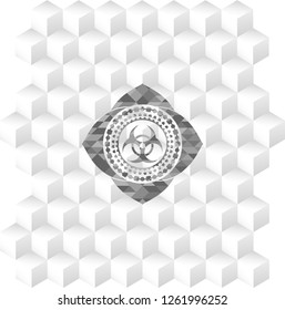 biohazard icon inside grey emblem with geometric cube white background