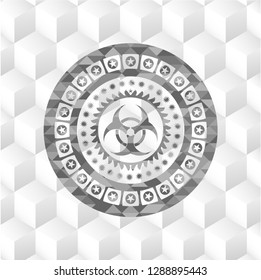biohazard icon inside grey emblem with cube white background