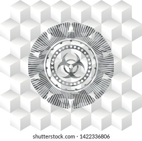 biohazard icon inside grey emblem. Retro with geometric cube white background