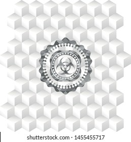 biohazard icon inside grey icon or emblem with geometric cube white background