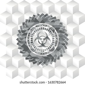 biohazard icon inside grey icon or emblem with geometric cube white background