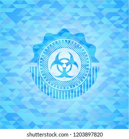 biohazard icon inside light blue emblem with triangle mosaic background