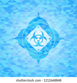 biohazard icon inside light blue mosaic emblem