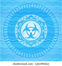 biohazard icon inside light blue water badge.