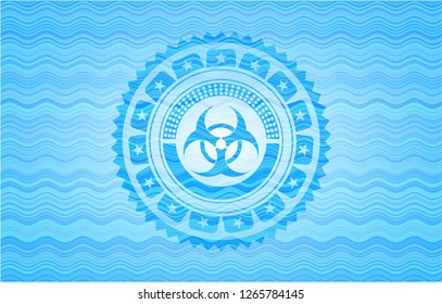biohazard icon inside light blue water wave style emblem.