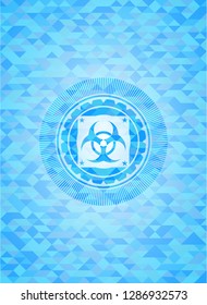 biohazard icon inside light blue emblem with mosaic background