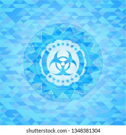 biohazard icon inside light blue emblem with mosaic ecological style background