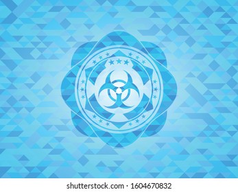 biohazard icon inside light blue emblem. Mosaic background
