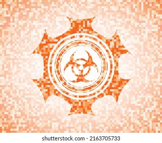 biohazard icon inside orange mosaic emblem. 