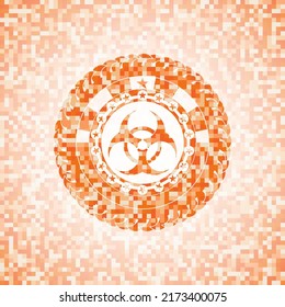 biohazard icon inside orange mosaic emblem with background. 
