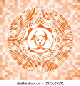 biohazard icon inside orange tile background illustration. Square geometric mosaic seamless pattern with emblem inside.