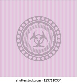 biohazard icon inside pink emblem. Retro