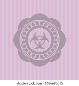 biohazard icon inside pink emblem. Retro