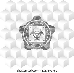 biohazard icon inside realistic grey emblem with cube white background