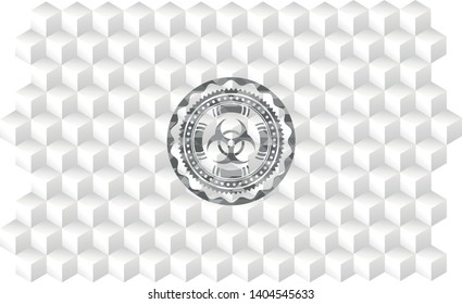 biohazard icon inside realistic grey emblem with cube white background