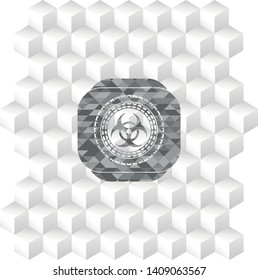 biohazard icon inside realistic grey emblem with cube white background